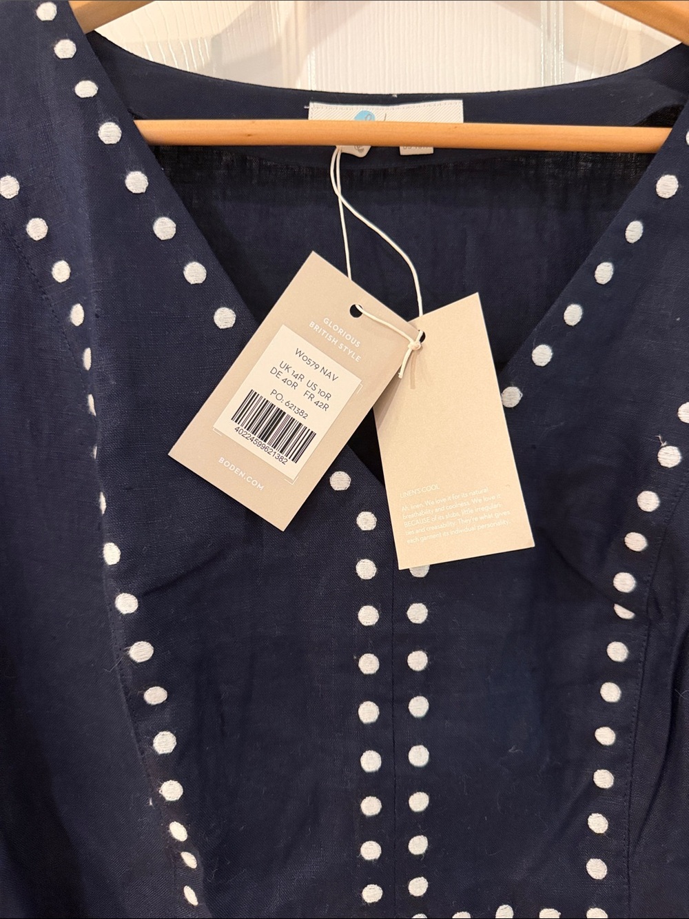 Boden Leandra Dress Navy Stud-Trim V-Neck Linen Dress - Picture 3 of 4